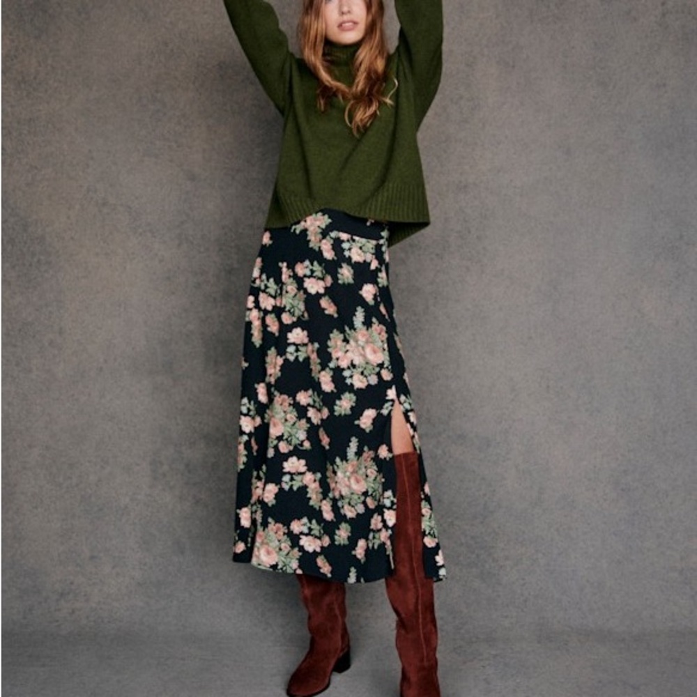 Sezane Tabata Black Floral Midi Skirt